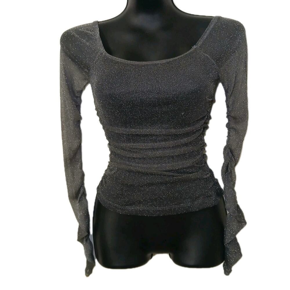 London Rose Women’s Small Metallic Sheer Long Sleeve‎ Ruched Shimmer Party Top